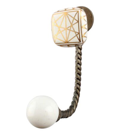 White And Golden Square Ceramic Wall Hook in Antique Fitting 